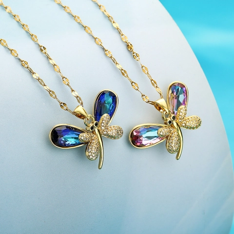 Collana Con Ciondolo A Libellula Rame Placcato Oro Con Zircone E Cristalli Blu Catena Per Clavicicola Da Donna