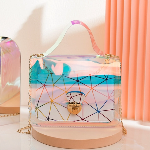 Umhängetasche Handtasche Holografisch Irisierend Transparent PVC Geometrisches Muster Metallkette Schloss Damen