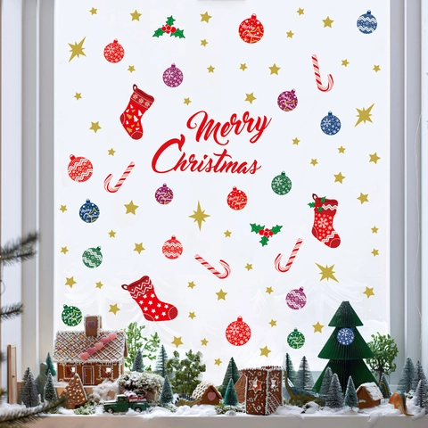 Merry Christmas Window Stickers PVC Wall Decals With Stocking Candy Cane Star For Holiday Glass Decoration Nordic Style