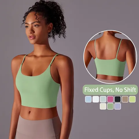 Women Sports Bra Yoga Vest Fixed Chest Pads Thin Straps Beautiful Back Cropped Workout Tank Top Slim Fit Nylon Elastic