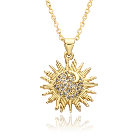 Fashion Copper Gold Plated Rhinestone Sun Moon Daisy Pendant Necklace For Women Exquisite Celestial Flower Jewelry O-Chain Accessory
