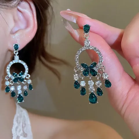 Retro Emerald Green Butterfly Long Tassel Drop Earrings With Silver Earring Post Alloy Rhinestone Jewelry For Women