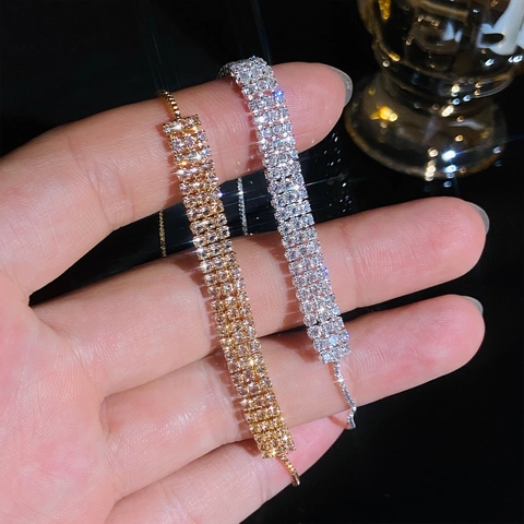 Multi Row Rhinestone Bracelet For Women Adjustable Alloy Sliding Buckle Fashion Jewelry Ins Style Luxury Hand Jewelry