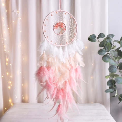 Handmade Dreamcatcher With Feather Tree Of Life Crystal Beads Hanging Wall Decor For Bedroom Boho Home Ornament Wedding Gift