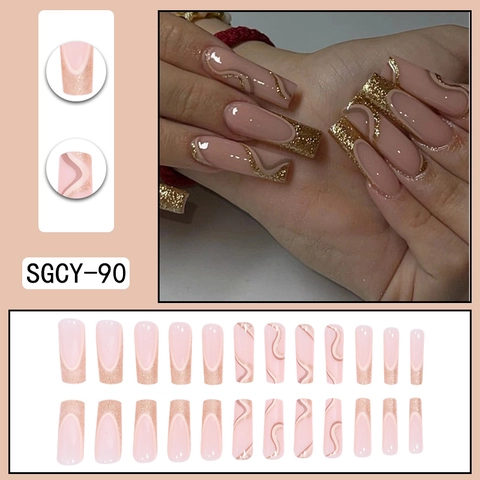Uñas Postizas Ataúd Largas Rosa Nude Brillo Dorado Líneas Onduladas Punta Francesa Uñas Artificiales Brillantes