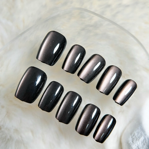 Cat Eye Press On Nägel Handgefertigt Dunkelgrau Magneteffekt Eckig Rund Künstliche Falsche Nägel Damen