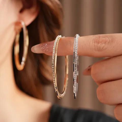Pave Rhinestone Large Hoop Earrings Copper Geometric Round Chic Jewelry With 925 Sterling Silver Earring Post For Women