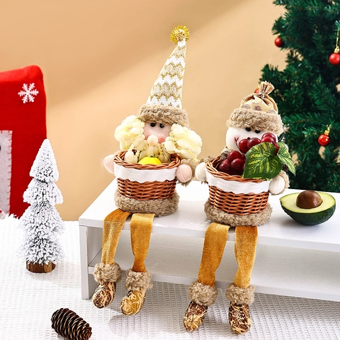 Christmas Santa Claus Snowman Fruit Basket Decoration Handwoven Rattan Storage Basket Long Leg Plush Doll For Home Party