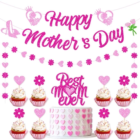 Mother's Day Decoration Banner And Cake Toppers Pink Glitter Paper Garland Festive Party Ornament