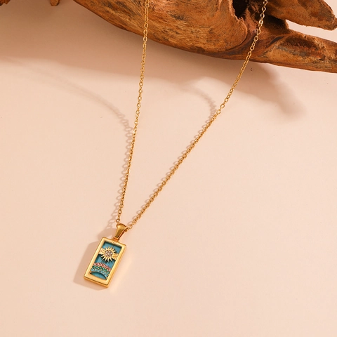 Collier Pendentif Carte De Tarot Acier Inoxydable Émail Céleste Soleil Lune Étoile Bijoux Vintage Pour Femmes