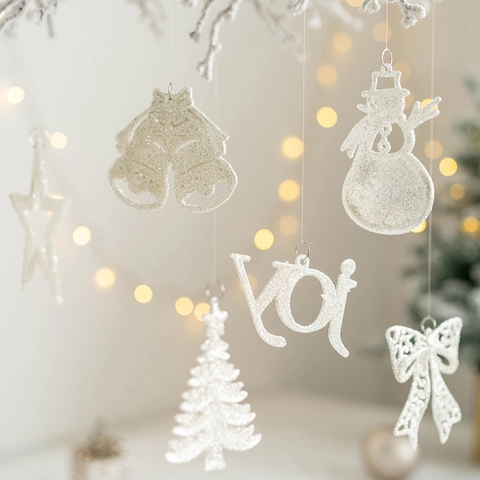 Christmas Tree Hanging Ornaments Set White Silver Glitter Star Bell Snowman JOY Letter Bow Xmas Tree Decorations