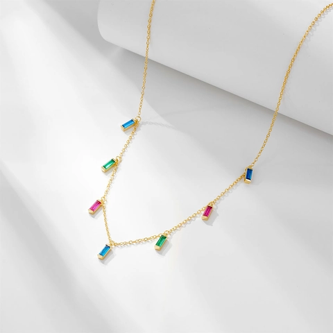 925 Sterling Silver Necklace With Rainbow Cubic Zirconia Geometric Square Pendant Gold Plated Fashion Jewelry For Women