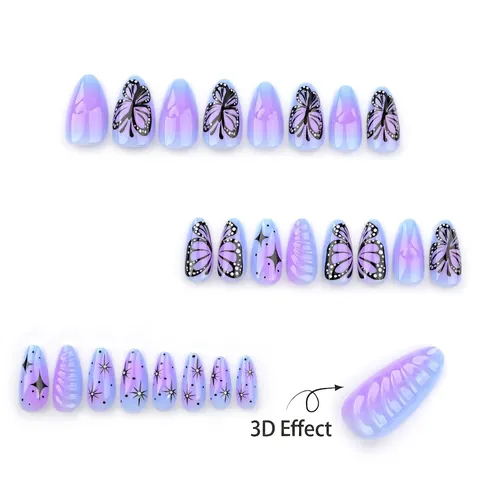 Purple Gradient Press On Nails Almond Shape 3D Butterfly Star Sparkle Full Cover Artificial Fake Nails Glossy Fashion