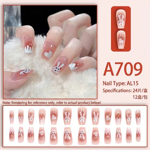 Long Coffin Shape Press On Nails Pink Gradient 3D Bunny Glitter Heart Sweet Cute Artificial Finger Nails Decorative