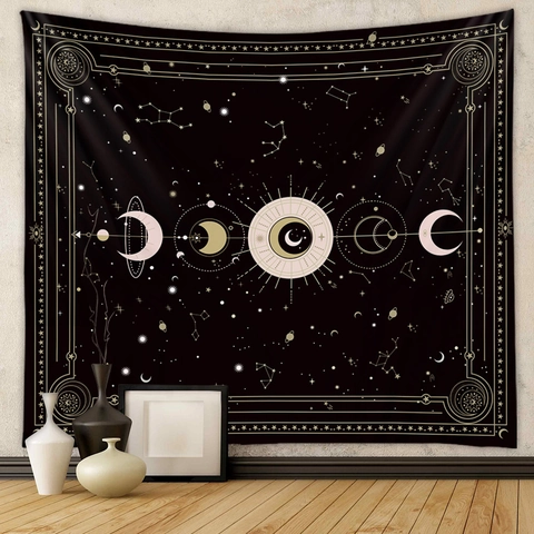 Arazzo Da Parete In Poliestere Fasi Lunari Astrologia Tarocchi Zodiaco Sole Cielo Stellato Bohemien Mistico