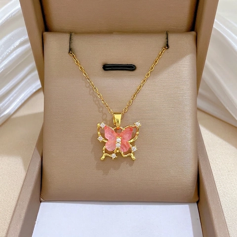 Vlinder Hanger Ketting Titanium Staal Koper Micro Ingelegd Zirkoon Roze Vleugels Strass Gouden Ketting Dames Elegant