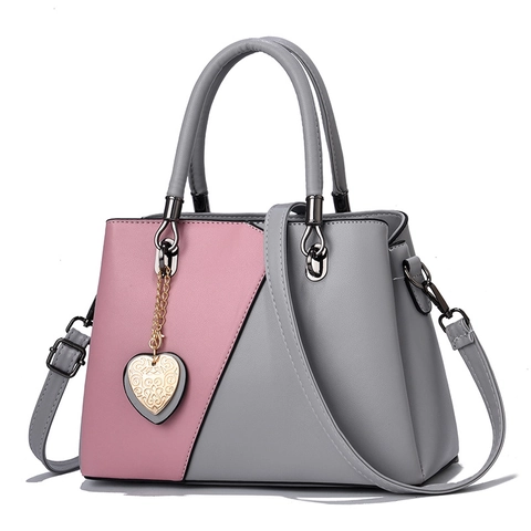 Women PU Leather Handbag Color Block Shoulder Bag With Heart Pendant Elegant Large Capacity Crossbody Bag
