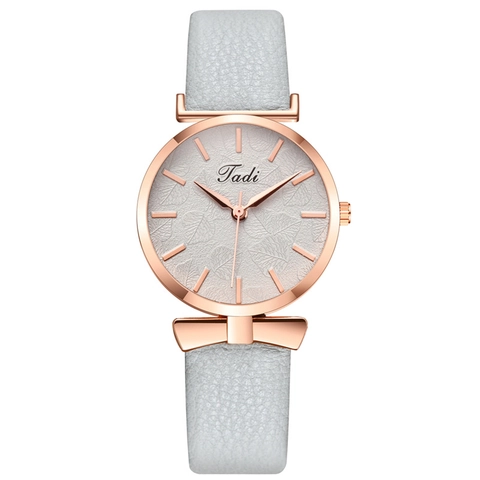 Women Quartz Watch Rose Gold Case PU Leather Strap Leaf Embossed Dial Bow Decoration Elegant Fashion Wristwatch Girls