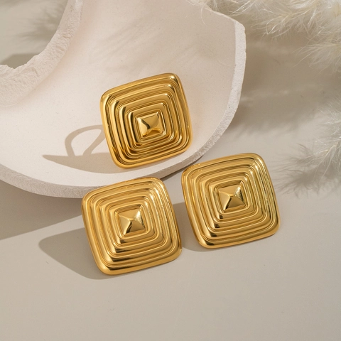 Geometric Square Earrings And Ring 304 Stainless Steel Waterproof Hypoallergenic Retro Rhombic Textured Punk Jewelry Women