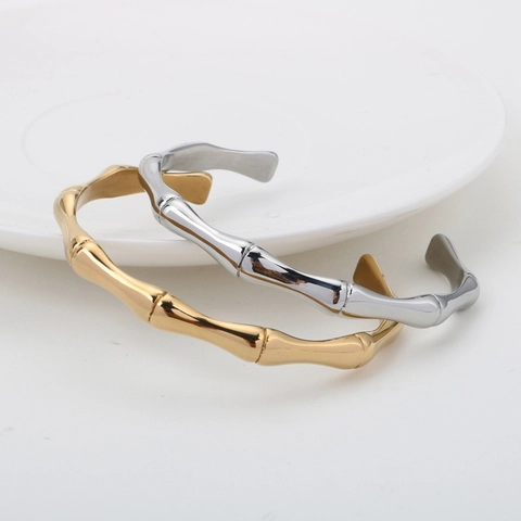 Bamboo Joint Cuff Bangle Bracelet 304 Stainless Steel 18K Gold Plated Open Adjustable Minimalist Jewelry For Women Men
