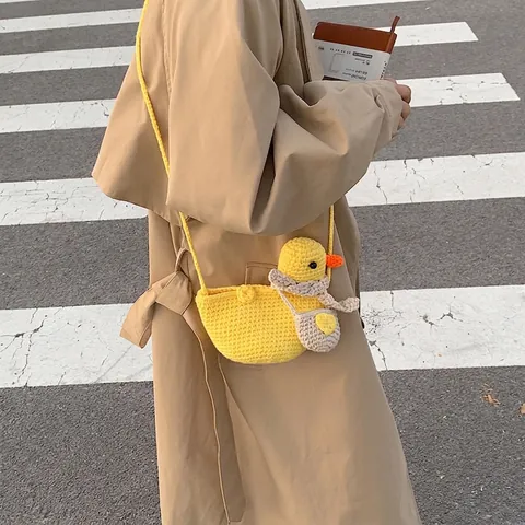 Kids Crossbody Bag Cute Duck Shape Hand Knitted Wool Yarn Crochet Cartoon Animal Mini Shoulder Bag For Girls Children