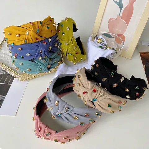Baroque Rhinestone Knotted Headband Wide Colorful Crystal Fabric Hair Band Retro Fashion Headpiece For Women