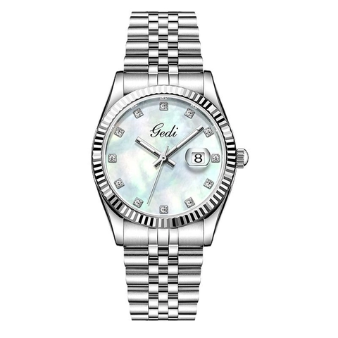 Elegante Damen Quarzuhr Edelstahlarmband Geriffelte Lünette Rhinestone Zifferblatt Datum Kalender Business Mode Armbanduhr