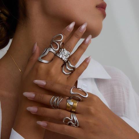 Irregular Wave Stainless Steel Ring For Women Minimalist Organic Texture Adjustable Fashion Jewelry Waterproof Non-Tarnish