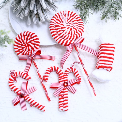 Decorazioni Appese Lecca Lecca Di Natale In Peluche Maglia A Righe Con Fiocco Per Albero Di Natale Festa Casa
