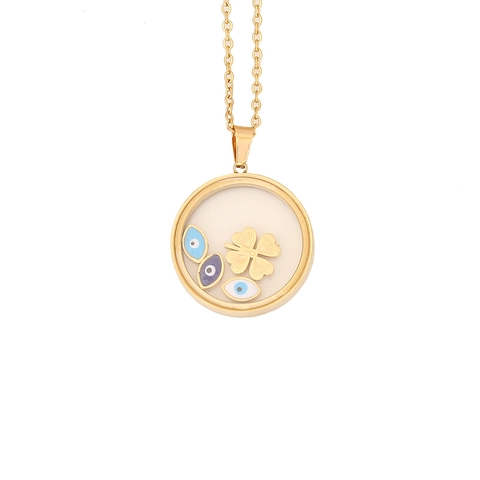 Collana Con Ciondoli Fluttuanti Malocchio Quadrifoglio Acciaio Inossidabile Vetro Medaglione Rotondo Gioielli Per Donna Regalo