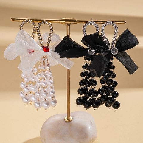 Pendientes Colgantes De Lazo Con Borla De Imitación De Perla Artificial Strass Tela De Gasa Poste De Plata Para Mujer