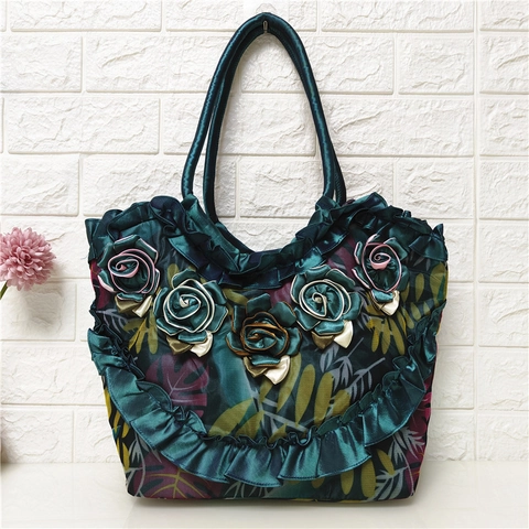 Damen Große Kapazität Einkaufstasche Satinstoff Mit 3D Bandrosen Und Rüschen Blumendruck Retro Stil Umhängetasche