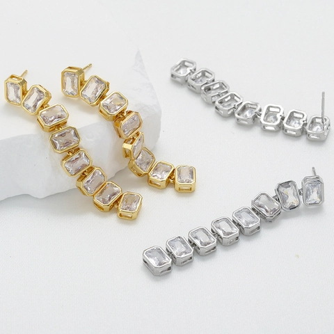 Messing 18K Vergoldete Hängeohrringe Rechteckige Zirkonia Lange Lineare Geometrische Mode Schmuck Für Damen
