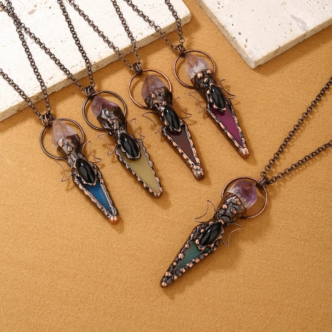 Vintage Copper Pendant Necklace Amethyst Raw Stone Agate Inlaid Double Moon Arrowhead Bohemian Mystic Jewelry For Women