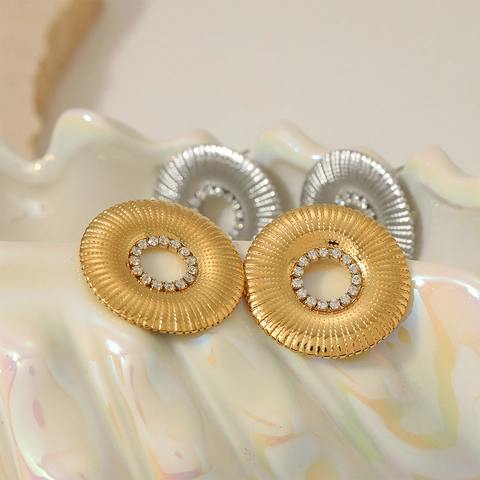 Pendientes Redondos Huecos De Acero Inoxidable Con Circón Resistente Al Agua Diseño Sol Estilo Vintage Para Mujer