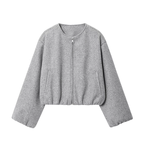 Women Short Bomber Jacket Blended Wool Felt Round Neck Zipper Solid Color Casual Cropped Outerwear