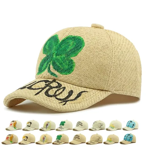 Artistic Hand Painted Straw Woven Baseball Cap Breathable Sun Protection Summer Beach Vacation Hat For Women Men