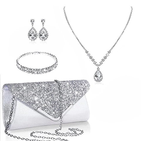 Sparkling Rhinestone Evening Clutch Necklace Earrings And Bracelet Jewelry Accessory For Bride Wedding Party