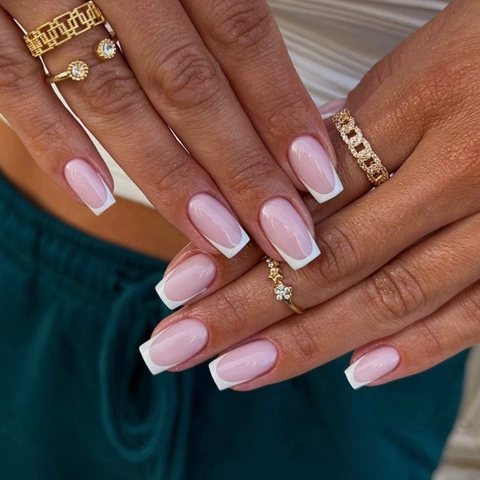 Uñas Postizas Press On Francesas Cuadradas Elegantes Borde Blanco Rosa Nude Brillantes Para Mujeres Uso Diario