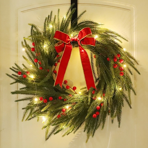 Christmas Wreath PE Pine Needle Rattan Ring Red Berries Velvet Bow Front Door Wall Hanging Festive Home Decoration