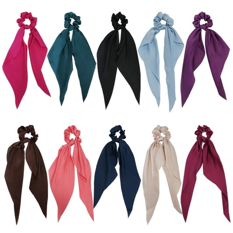 Elegant Satin Satin Scrunchies With Long Streamer Bow Elastic Hair Ties Solid Color Ponytail Holder Fashion Accessories