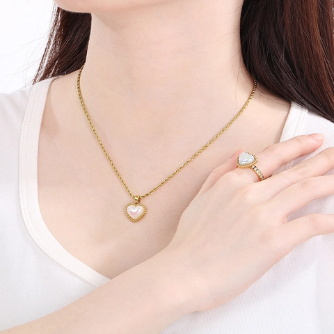Stainless Steel Heart Jewelry Necklace Stud Earrings Ring Mother Of Artificial Pearl Inlay Rope Chain For Women Chic Fashion Jewelry