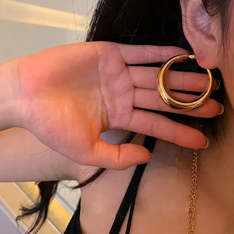 Chunky Hoop Ohrringe Minimalistisch Französisch Retro Poliertes Metall Mit 925 Sterling Silber Ohrringpfosten