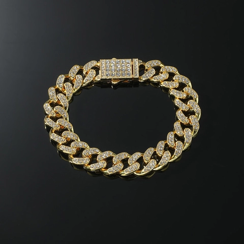 Hip Hop Full Rhinestone Cuban Link Bracelet For Men Alloy Gold Silver Plated Iced Out Chain Bracelet Fashion Party Jewelry