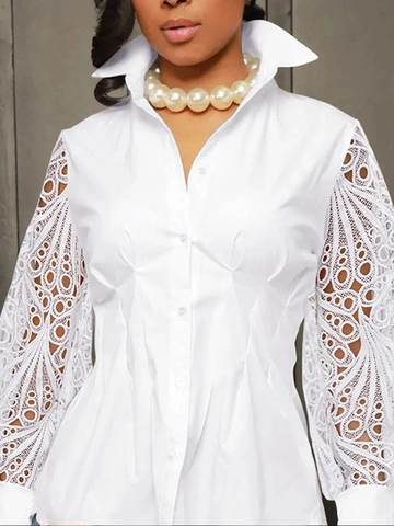 Witte Blouse Shirt Kant Hol Patchwork Lange Lantaarnmouwen Slim Fit Button Down Elegant Revers Top Voor Dames