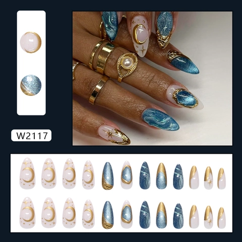 Unghie Finte Press On Cat Eye Blu Profondo Cielo Stellato Luna Stelle Oro 3D Rilievo Forma Mandorla Plastica ABS Per Donne Elegante