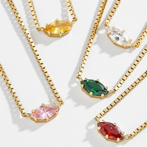 18K Gold Plated Birthstone Pendant Necklace Stainless Steel Marquise Cut Zircon Box Chain Vintage Jewelry For Women