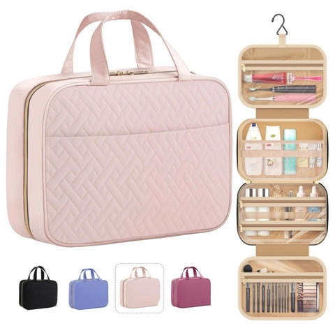 Hanging Toiletry Bag Quilted Diamond Pattern Polyester Waterproof Cosmetic Organizer With Hook For Travel Portable Women