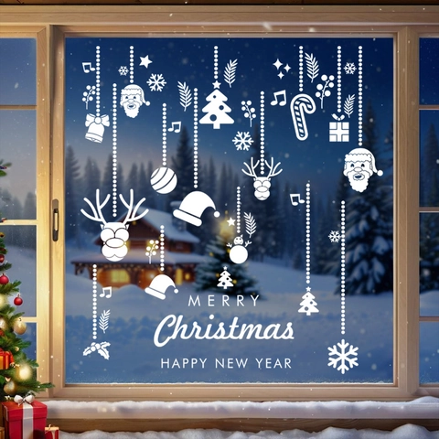 Christmas Window Stickers White PVC Static Cling Santa Claus Reindeer Snowflake Decals For Glass Window Door Festive Decor