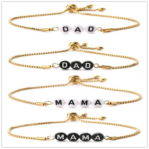 Stainless Steel Adjustable Bracelet Gold Plated Box Chain Letter DAD MAMA LOVE Beads Family Gift Minimalist Jewelry